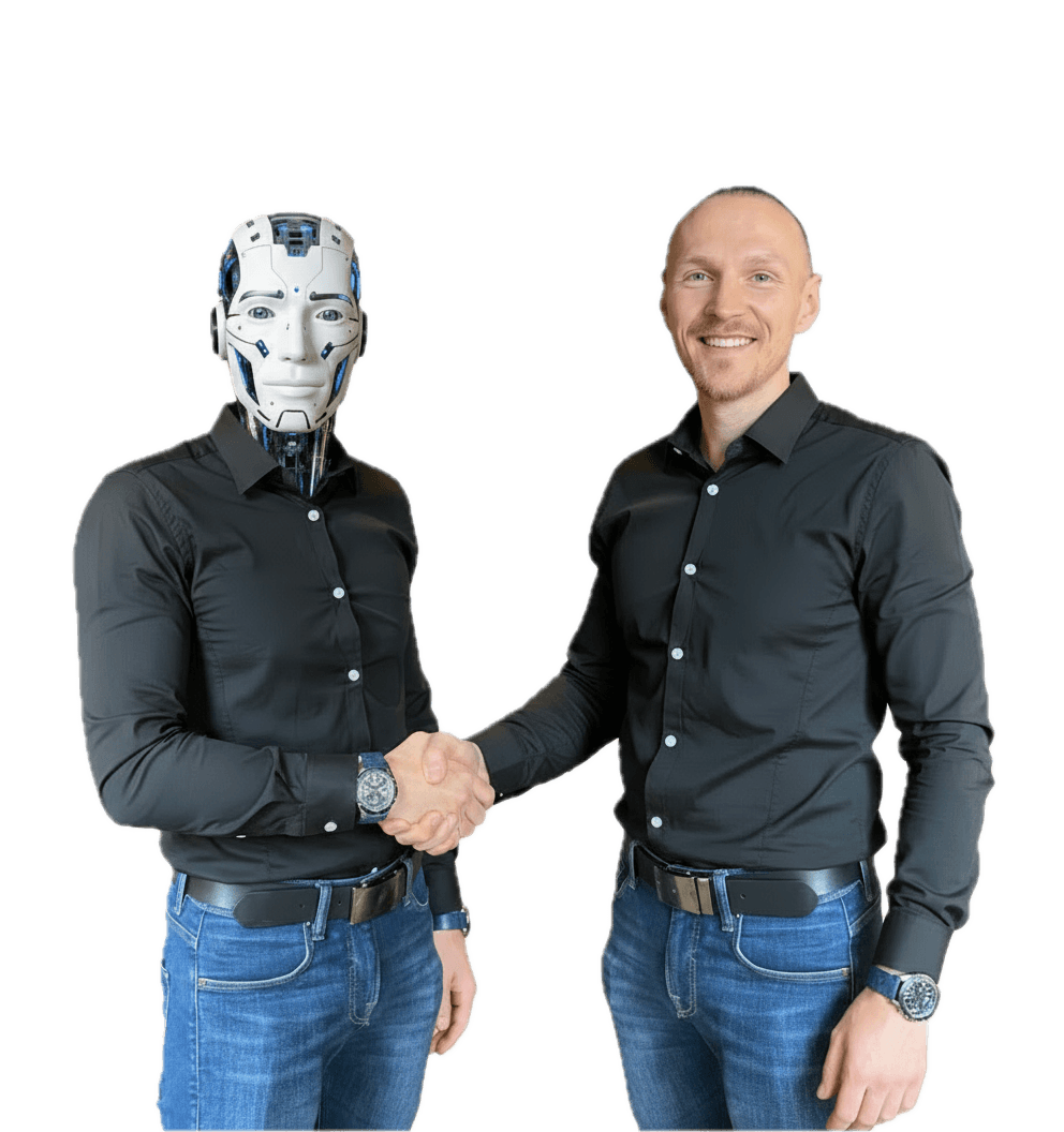 Daniel Gagea dând mâna cu un robot AI