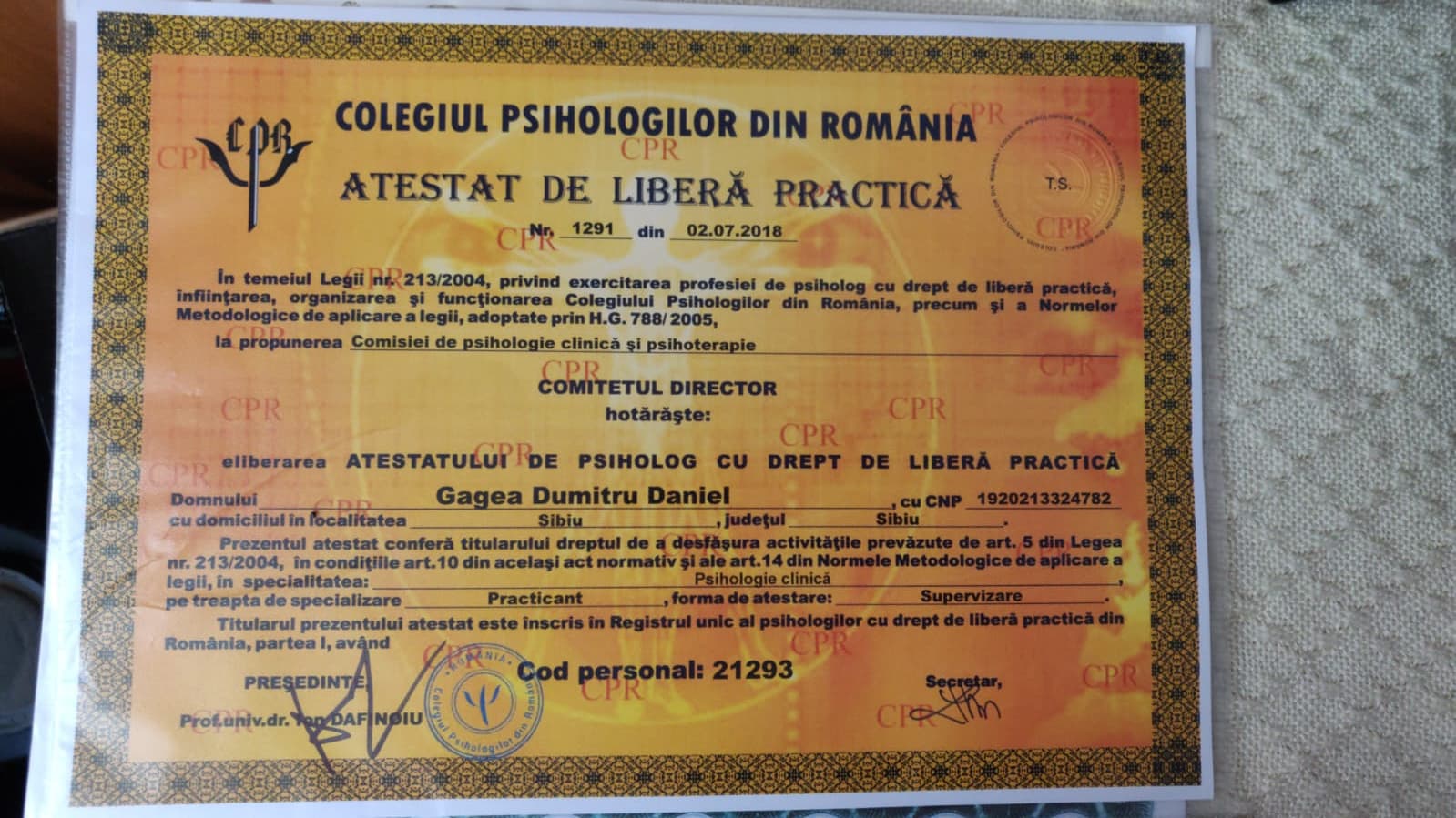 Atestat de liberă practică, Colegiul Psihologilor din România, 2018