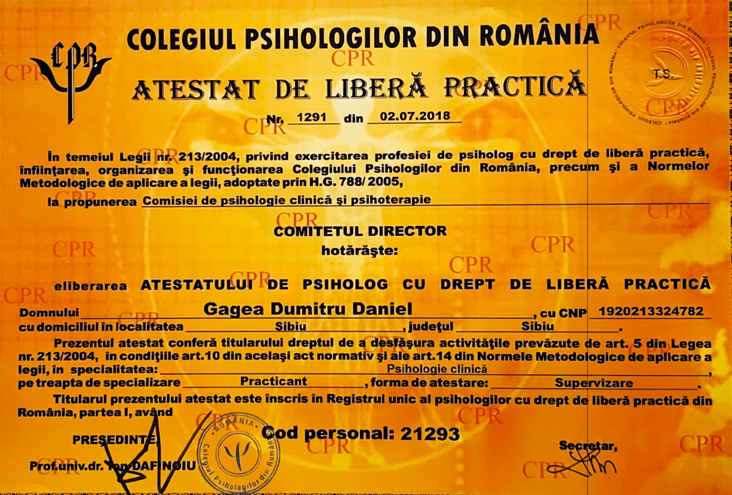 Atestat de psiholog și psihoterapeut