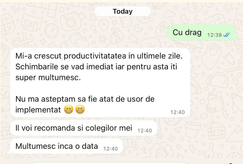 Mesaj WhatsApp despre creșterea productivității după aplicarea cursului